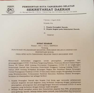 Pemkot Tangsel Keluarkan Surat Edaran Penundaan Kegiatan, Pencairan Belanja dan Penyertaan Modal
