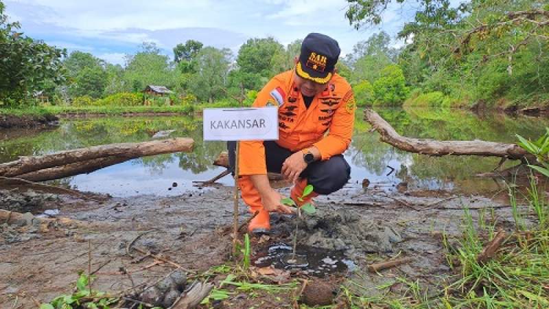 Kepala Kantor Basarnas Nias, Octaviant tanam ratusan pohon mangrove di kawasan Gunungsitoli Utara.