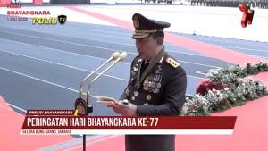 Tangkapan layar Kapolri Jenderal Listyo Sigit Prabowo dalam pidatonya di Hari Bhayangkara ke-77 di SUGBK, Jakarta, Sabtu (1/7/2023).