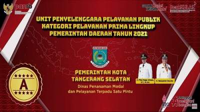 DPMPTSP Kota Tangsel raih penghargaan Unit Penyelenggara Pelayanan Publik Kategori Pelayanan Prima di Lingkungan Pemerintah Daerah Tahun 2021 dari KemenPANRB