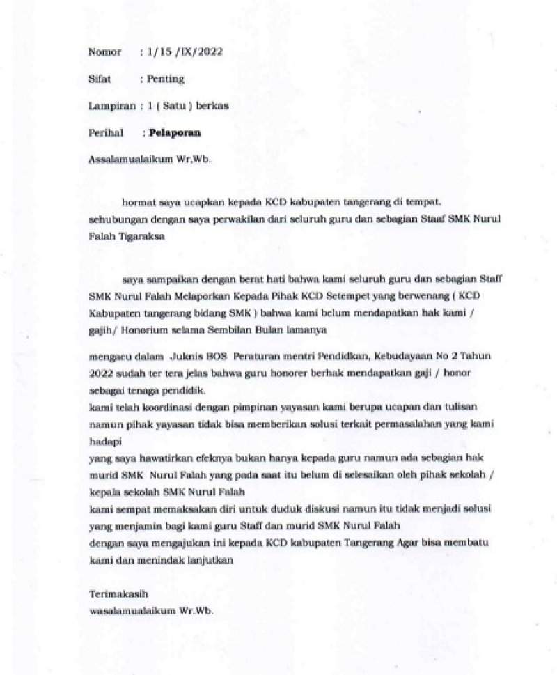 Soal Gaji Honor Tak Dibayar, Guru SMK Nurul Falah Ngaku Sudah Lapor KCD