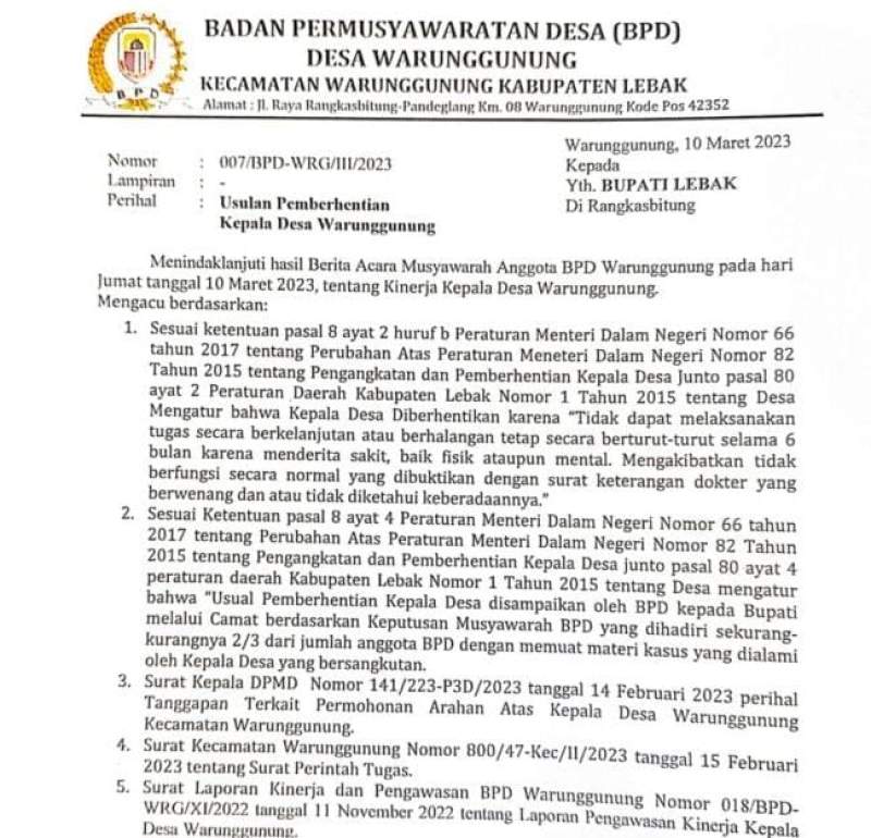 surat pemberhentian kades warunggunung.