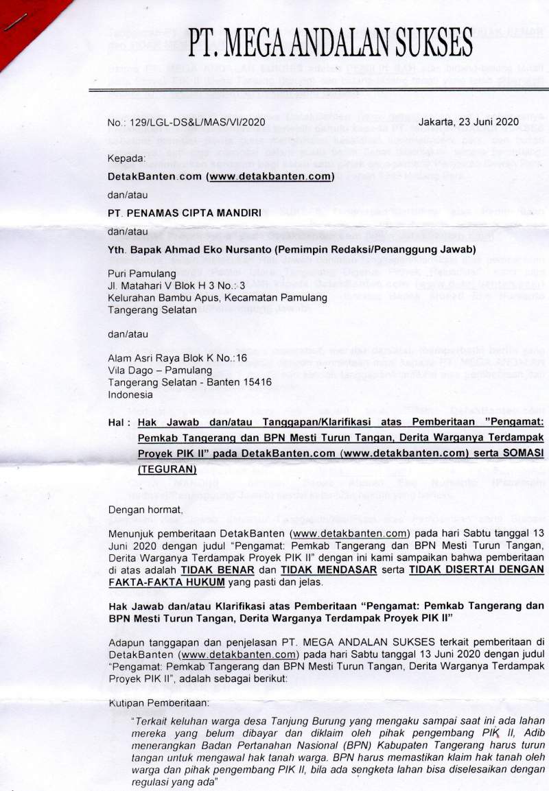 Hak Jawab PT Mega Andalan Sukses Atas Pemberitaan Terkait Proyek PIK II