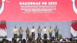 Presiden Jokowi saat membuka Rakornas BNPB di JI-Expo Kemayoran, Jakarta, Kamis (2/3/2023).