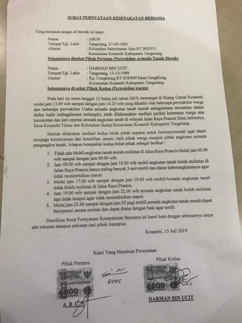 Surat Kesepakatan Antara Pendemo Dengan Armada Truk Tanah Menuai Protes