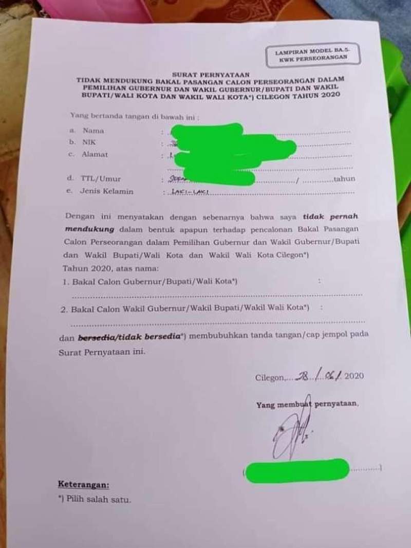 Surat Pernyataan warga yang tidak mendukung calon perseorangan di Pilkada Cilegon.