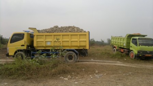 tampak aktifitas truk-truk mengangkut galian tpe C di lokasi
