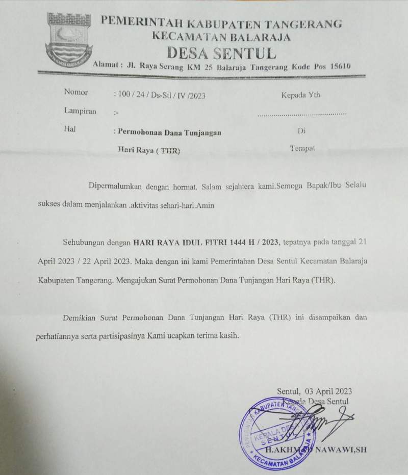 Meski Dilarang, Kades Sentul Balaraja Terbitkan Surat Permintaan THR