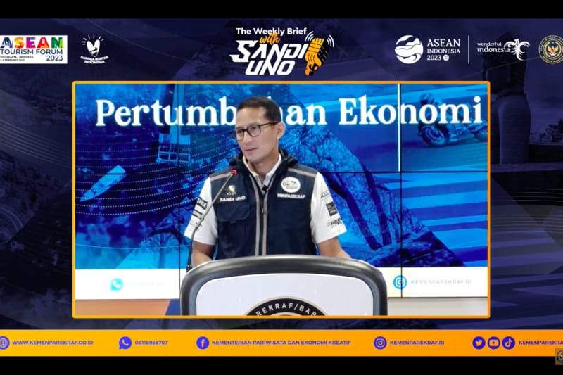 Menteri Pariwisata dan Ekonomi Kreatif, Sandiaga S. Uno, saat sesi diskusi virtual, Senin (6/2/2023).