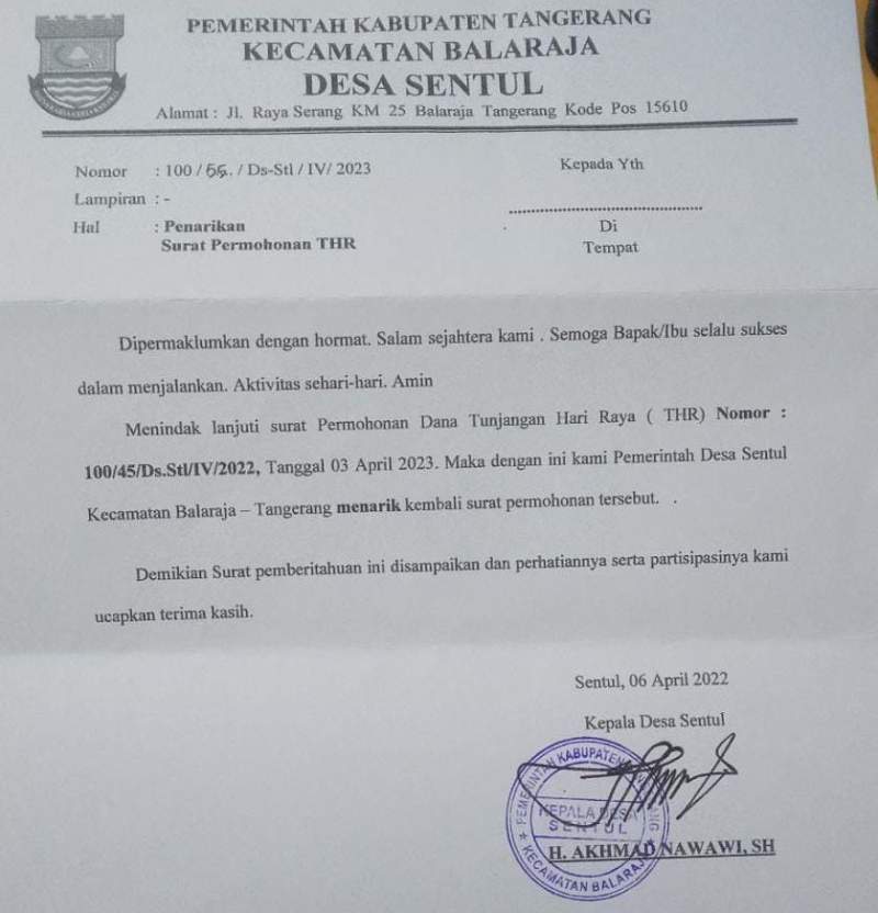 Kades Sentul Mencabut Surat Permintaan THR