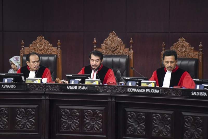 Suasana sidang gugatan Batas Ssia Capres Cawapres di Mahkamah Konstitusi, Jakarta, Senin (16/10/2023).