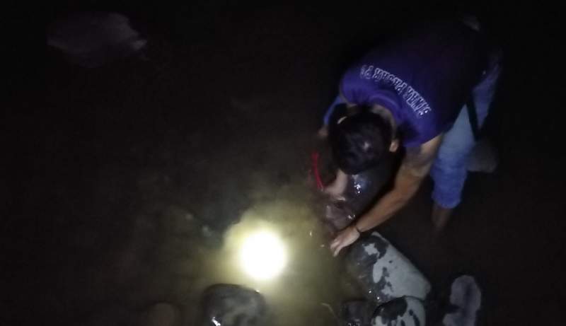 Saepul saat memasangkan Wuwu di sungai Cikaniki (26/7) 