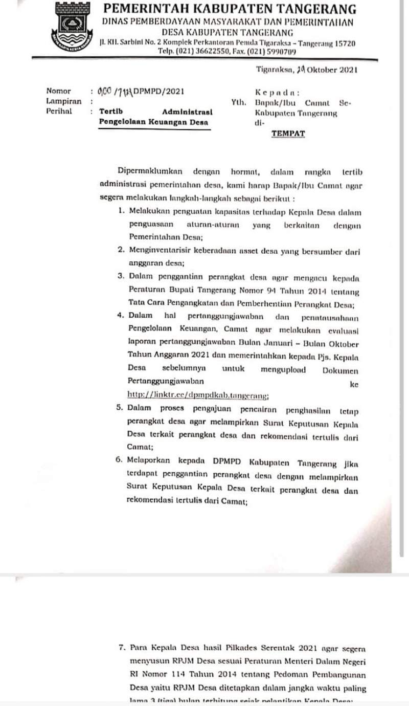 Catat!  ini  7  Intruksi Kadis Pemdes Kabupaten Tangerang Kepada Camat